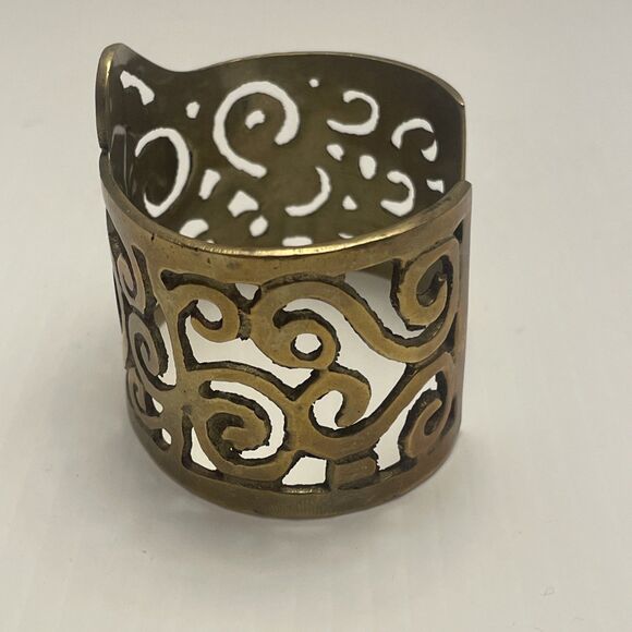 Vintage Artisan Modernist Wide Etruscan Egyptian Brass Cuff Bangle Bracelet - Picture 3 of 7